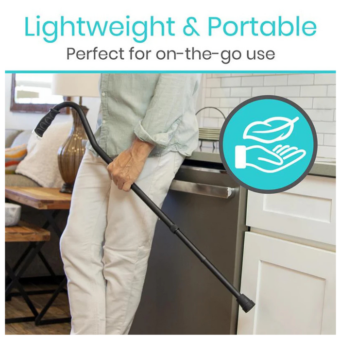 A person using a Vive Health Folding Offset Cane, leaning against a kitchen counter. The image highlights its lightweight and portable nature with text: Lightweight & Portable: Perfect for on-the-go use, alongside a leaf and hand icon.