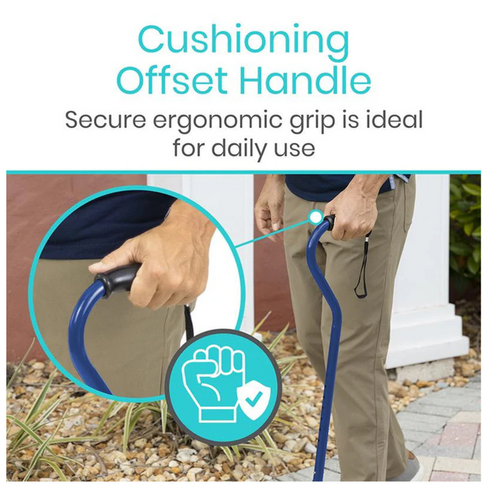 A person holds the blue Vive Health Offset Bariatric Cane, featuring a cushioning offset handle with a secure ergonomic grip and nonslip design. An icon shows a hand with checkmark, highlighting suitability for daily use and support up to 600 lbs.