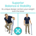 A man uses a Vive Health Offset Bariatric Cane, supporting up to 600 lbs, with an ergonomic handle for balance and stability. He demonstrates sitting and standing with the cane, which centers weight over its base for comfort and control. The cane is blue with a special design.