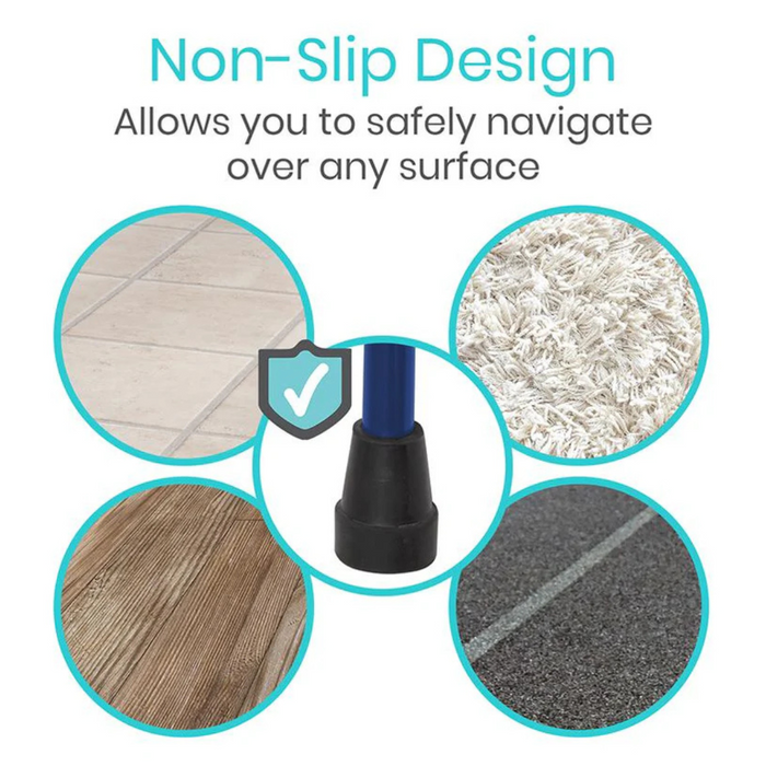 Graphic featuring the Vive Health Offset Bariatric Canes nonslip tip, designed for heavy-duty support on tile, carpet, hardwood, and asphalt. Main image highlights the cane tip with four circular insets depicting compatible floor types and checkmark icons. Supports up to 600 lbs.