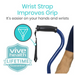 Image of a blue Vive Health Offset Bariatric Cane with a black wrist strap for enhanced grip and heavy-duty support, featuring a nonslip design thats gentle on hands and wrists. Text: Wrist Strap Improves Grip—Easier on hands and wrists. Shows Vive Health Lifetime Guarantee logo.