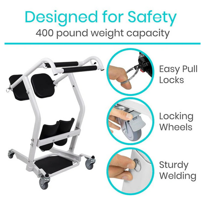 The Vive Health Transfer Stand Assist is a white mobility aid with padded supports and four wheels, featuring easy pull locks, locking wheels, and sturdy welding. It ensures safe transfers with a 400-pound weight capacity, highlighting its safety features.