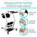 The Vive Health Transfer Stand Assist is a white mobility aid with padded supports and four wheels, featuring easy pull locks, locking wheels, and sturdy welding. It ensures safe transfers with a 400-pound weight capacity, highlighting its safety features.