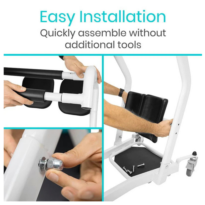 A collage shows someone assembling the Vive Health Transfer Stand Assist - Manual Transfer Aid featuring easy installation. Hands attach padding, screw a bolt, and adjust the frame, enabling safe transfers with tool-free setup, perfect for enhanced convenience.