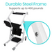 The Vive Health Transfer Stand Assist features a durable white steel frame with black cushioned padding, supporting up to 400 pounds. It is designed for stability and mobility, with a metal joint inset. Ideal as a transfer aid for enhanced mobility support.