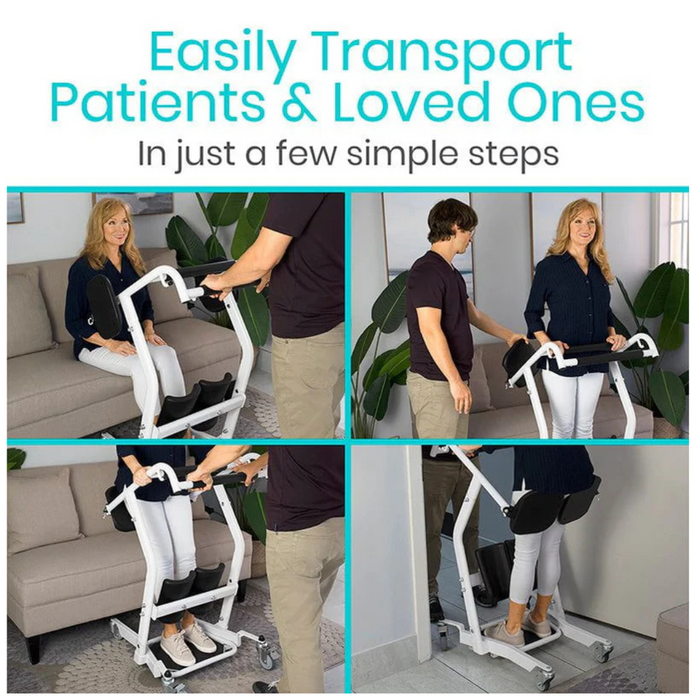 A four-panel image depicts a woman being aided by a man using the Vive Health Transfer Stand Assist. Text at the top reads: Safe Transfers for Patients & Loved Ones in Just a Few Simple Steps. The device gently transitions her from sitting to standing.