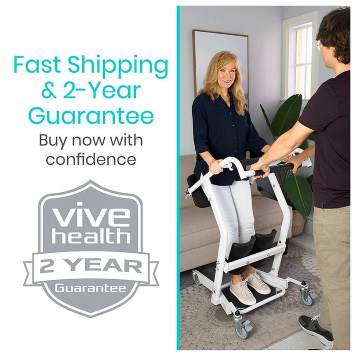 A woman uses the Vive Health Transfer Stand Assist in a bright room, with a man nearby. Text highlights Fast Shipping & 2-Year Guarantee from Vive Health, inviting you to Buy now with confidence.