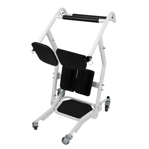 The Vive Health Transfer Stand Assist is a white and black mobility aid with a padded seat and knee supports designed for safe transfers. It features four wheels for easy movement and adjustable handles to ensure user support.