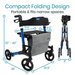 The image showcases the Vive Health Foldable Lightweight Tall Rollator, ideal for users up to 65. This compact walker offers adjustable height, a seat, storage pouch, and four wheels. The side view emphasizes its portability and ability to fit into narrow spaces easily.