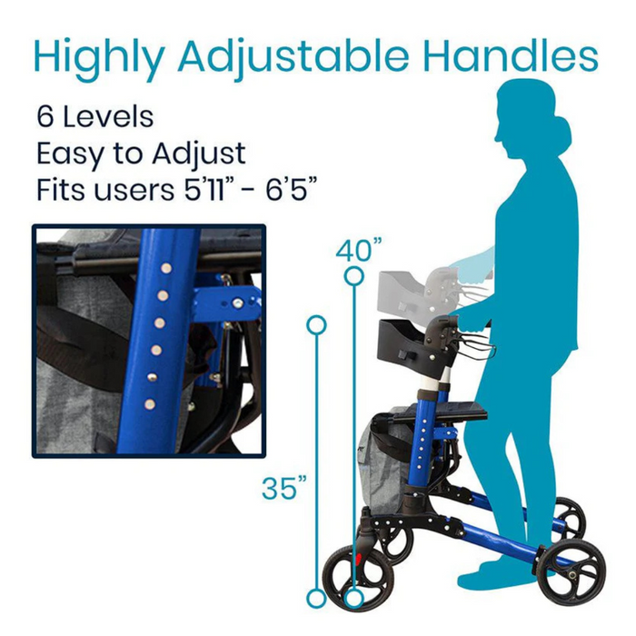 A person uses a Vive Health Foldable Lightweight Tall Rollator for mobility, featuring height-adjustable handles for users from 511 to 65, with handle heights ranging from 35 to 40.