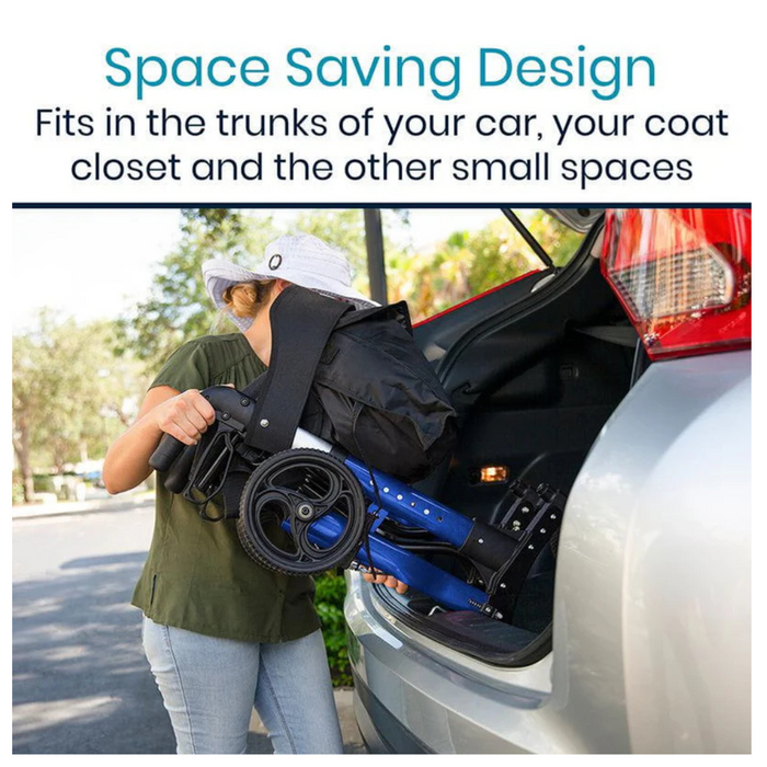 A person fits a Vive Health Foldable Lightweight Tall Rollator into a car trunk. The text above reads, Space Saving Design - Ideal for car trunks, coat closets, and other small spaces. This compact height-adjustable rollator offers excellent mobility support for users up to 65.