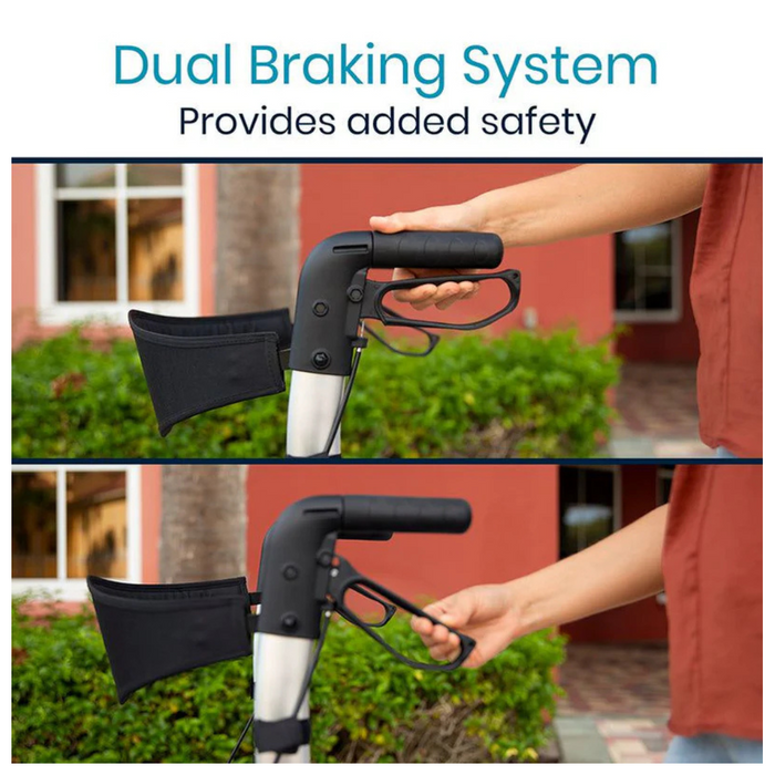 The image displays two close-up views of a hand on the Vive Health Foldable Lightweight Tall Rollator handle, showcasing its dual braking system for enhanced safety. The top view highlights the grip with brakes, and the bottom shows the brake lever pulled, all in its sleek foldable design.