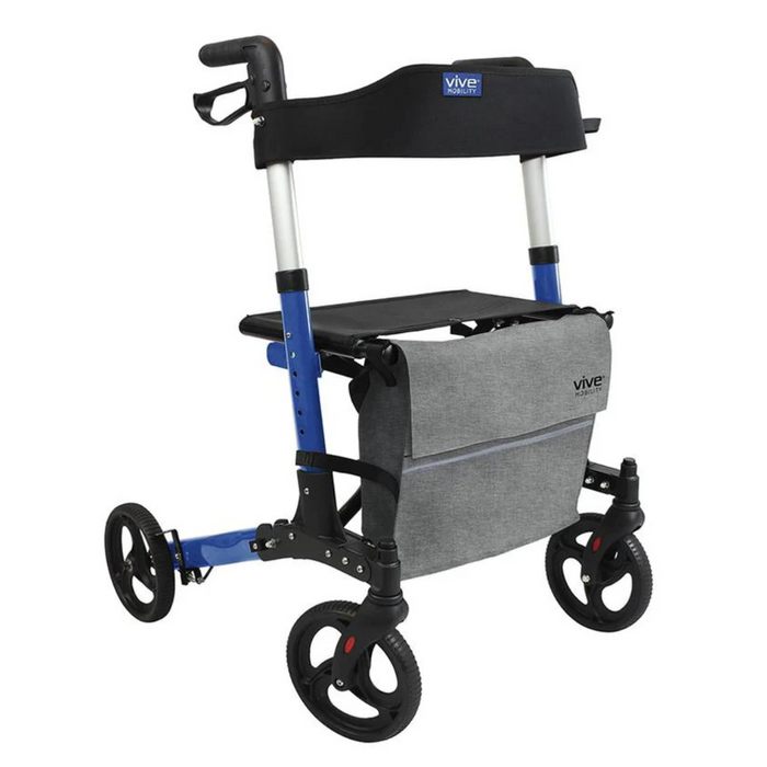 The Vive Health Foldable Lightweight Tall Rollator, designed for users up to 65, is a height-adjustable blue walker with four wheels, a comfy seat, and a gray storage bag at the front for superior mobility support.