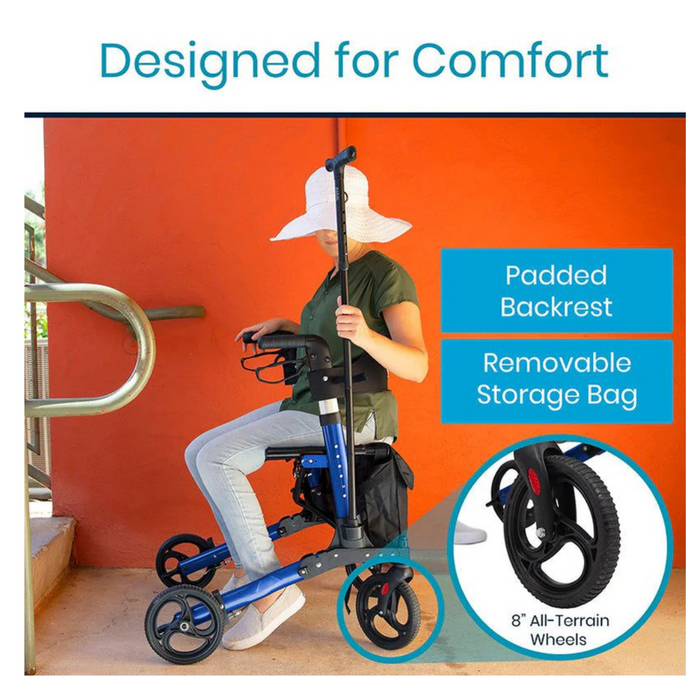 A person in a wide-brimmed hat sits on the Vive Health Foldable Lightweight Tall Rollator, which supports users up to 65. This mobility device features a padded backrest, height adjustment, 8 all-terrain wheels, and a removable storage bag. Text reads Designed for Comfort.