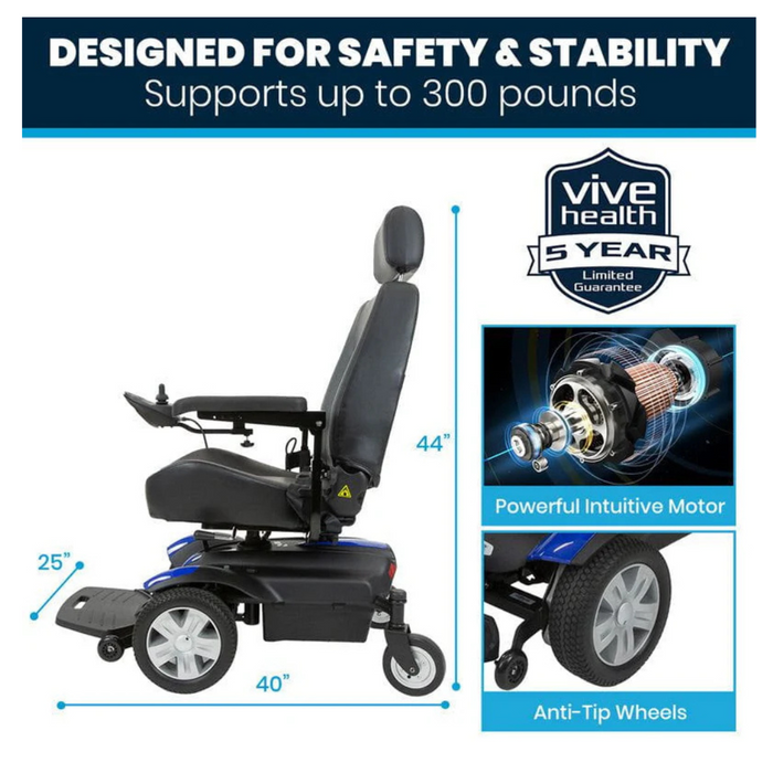 The Vive Health Electric Wheelchair Model V is designed to support up to 300 lbs