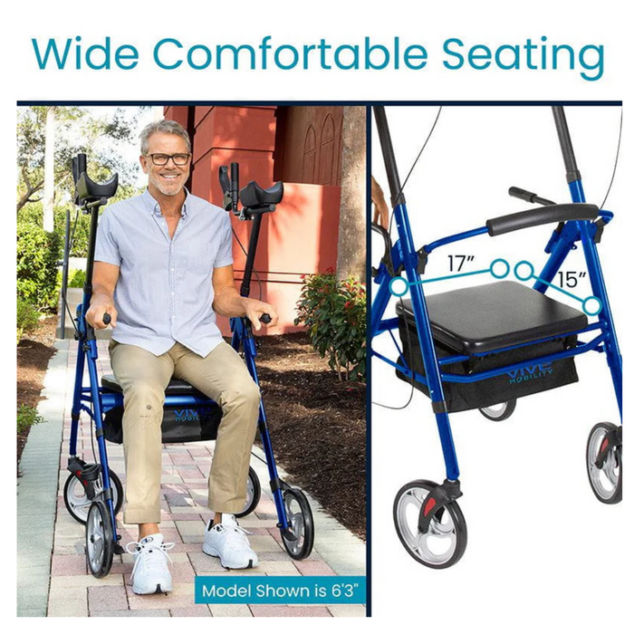 A man sits comfortably on a Vive Health Upright Rolling Walker Rollator, designed for tall and bariatric users, outdoors on a pathway. The blue walker features wide seating measuring 17 inches wide by 15 inches deep, offering convenience and support. Model shown is 63.