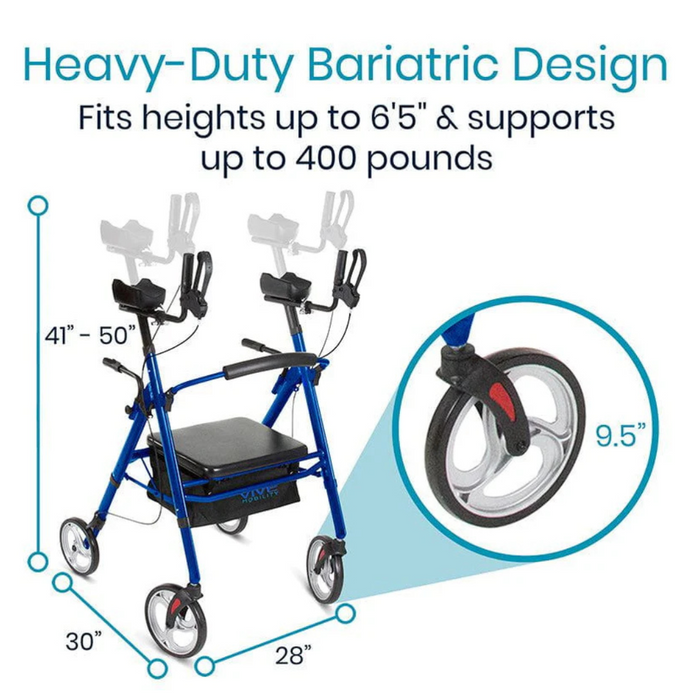 Image of the Vive Health Upright Rolling Walker Rollator, suitable for users up to 65 and supporting 400 lbs. It measures 30 wide and 28 deep with adjustable handlebars from 41-50, a foldable design, and features a close-up of its large 9.5-inch wheel. Ideal for tall and bariatric-friendly use.