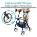 A person uses the Vive Health Upright Rolling Walker Rollator in blue, featuring flat-free 9.5 wheels, a padded seat and backrest, brakes, and storage. The text reads Flat-Free 9.5” Wheels and Easily navigate most surfaces, with an appealing wheel close-up shot.