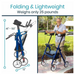 The Vive Health Upright Rolling Walker Rollator, in blue and weighing 25 pounds, features a foldable design with dimensions of 41-50 height and 13 width. Beside it, a smiling man navigates the sunny path effortlessly.