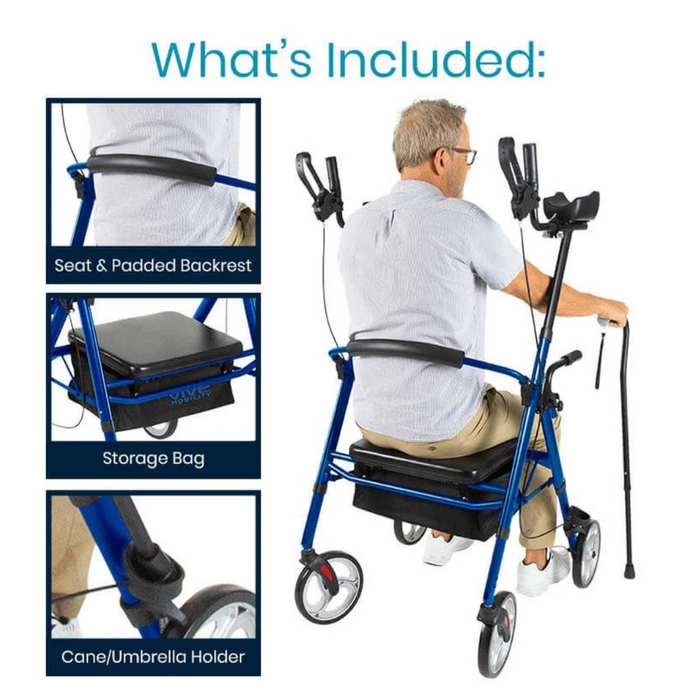 A man uses the Vive Health Upright Rolling Walker Rollator, which is foldable and features a padded backrest, storage bag, and cane/umbrella holder. The image emphasizes its tall and bariatric-friendly design.