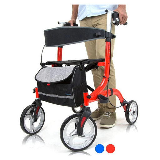 A person in beige pants and brown shoes stands behind a Vive Health Euro-Style Everglide Rollator, managing the adjustable handles of its lightweight aluminum frame. The walker features large wheels, a gray fabric bag, and a black seat with blue and red dots peeking below.