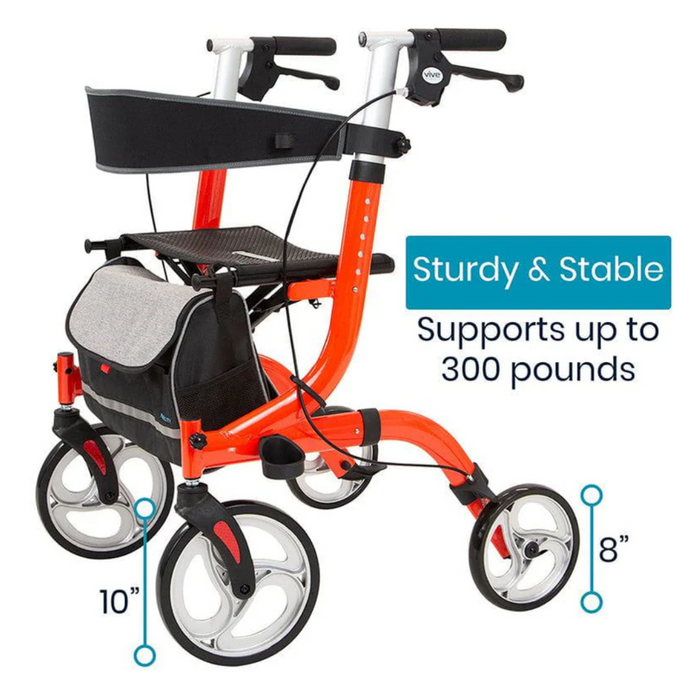 The Vive Health Euro-Style Everglide Rollator has ergonomic hand brakes, a bright orange finish, black fabric seat, and an under-seat storage bag. Its lightweight aluminum frame supports up to 300 lbs with 10-inch front wheels and 8-inch rear wheels. Compact and foldable design included.