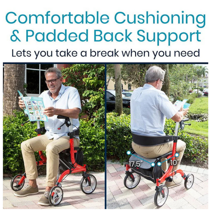 The Vive Health Euro-Style Everglide Rollator - Compact & Foldable has a comfortable seat cushion and padded back support