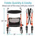 The image shows the Vive Health Euro-Style Everglide Rollator, boasting a lightweight foldable aluminum frame with ergonomic hand brakes. It features an orange frame adjustable from 33-38, measures 25 wide with a folded depth of 10, a seat height of 27, and includes a black seat and storage pouch.