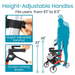 Illustration of the Vive Health Euro-Style Everglide Rollator, featuring a lightweight aluminum frame and adjustable handles for users 51 to 63. Includes ergonomic brakes, an adjustable backrest, and double-locking brakes. Diagram details components and measurements. Compact & foldable design.