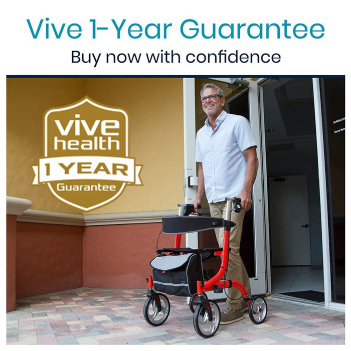 A man in glasses and a white shirt uses the Vive Health Euro-Style Everglide Rollator, with ergonomic brakes and a lightweight frame, as he smiles exiting a building. Above him reads Vive 1-Year Guarantee and Buy now with confidence, with a golden badge stating Vive Health 1 Year Guarantee.