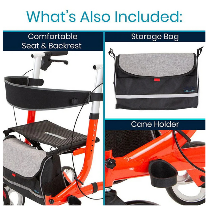 Showcasing the Vive Health Euro-Style Everglide Rollator, this image highlights key features: a cozy seat, backrest, ergonomic hand brakes, a storage bag under the seat, and a side cane holder. Designed with a lightweight orange aluminum frame and black accents. Text: Whats Also Included.