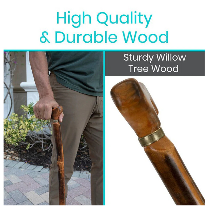 A person holds a Vive Health Wooden Cane with an ergonomic handle, handcrafted from sturdy willow tree wood. The close-up reveals its textured, polished finish. Text states High Quality & Durable Wood and Sturdy Willow Tree Wood.