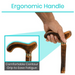 A hand holding a Vive Health Wooden Cane with an ergonomic brown wooden handle. A magnified view shows the comfortable contour grip that eases fatigue, accompanied by blue text: Ergonomic Handle and Comfortable Contour Grip to Ease Fatigue.