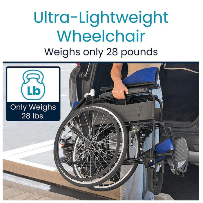 A person easily places the folded Vive Health Air Frame Lightweight Folding Wheelchair, weighing 28 pounds, into a car trunk. This black wheelchair with blue accents features an adjustable footrest for added comfort.