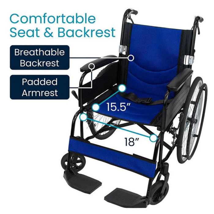 The image shows a Vive Health Air Frame Lightweight Folding Wheelchair in blue and black with labeled features: breathable backrest, padded armrest, 15.5-inch seat width, and 18-inch adjustable footrest distance. Text reads Comfortable Seat & Backrest.