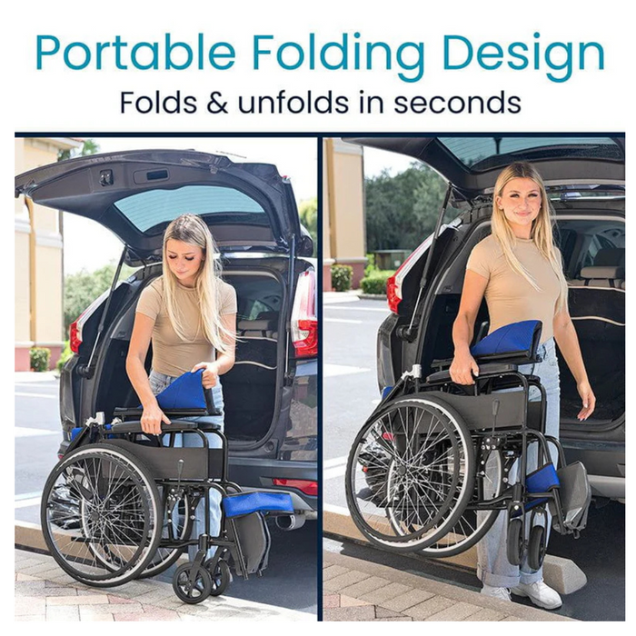 A woman demonstrates the Vive Health Air Frame Lightweight Folding Wheelchair. She unfolds it beside a car trunk in the first image and holds the folded wheelchair in the second. Text above reads, Portable Folding Design - Folds & unfolds in seconds.