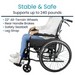 A person in the Vive Health Air Frame Lightweight Folding Wheelchair with 22 all-terrain wheels, rear handle brakes, a safety seatbelt, and an adjustable footrest. Text reads: Stable & Safe Supports up to 240 pounds. The person is wearing a white shirt and blue pants.