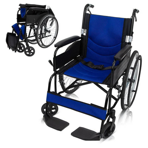 The Vive Health Air Frame Lightweight Folding Wheelchair is blue and black with large rear wheels, smaller front wheels, a comfortable seat cushion, and an adjustable footrest. The inset displays the portable wheelchair in a folded position.