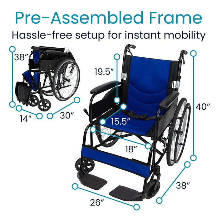 Image of the pre-assembled Vive Health Air Frame Lightweight Folding Wheelchair with a blue seat and adjustable footrest. Dimensions labeled include seat height, width, and overall size. Text reads, Hassle-free setup for instant mobility.