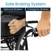 Split image displays two brake types: one with a hand on a manual lever, the other showing a caregiver push handle. Text reads Safe Braking System, Manual Brakes, Caregiver Brakes for your Vive Health Air Frame Lightweight Folding Wheelchair with adjustable footrest.