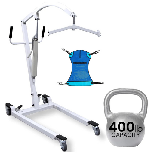 The Vive Health Bariatric Hydraulic Patient Lift, depicted with a white frame, wheels, and a blue sling for seamless patient transfer, stands next to a 400 lb capacity kettlebell—highlighting its remarkable weight support as an ideal caregiving tool.