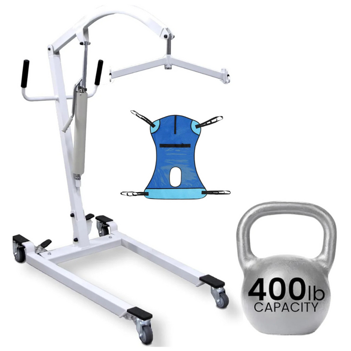 The Vive Health Bariatric Hydraulic Patient Lift, in white with a blue sling, is showcased with a 400 lb capacity kettlebell. It features four wheels and adjustable arms for smooth support and mobility during patient transfers.