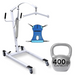 The Vive Health Bariatric Hydraulic Patient Lift, in white with a blue sling, is showcased with a 400 lb capacity kettlebell. It features four wheels and adjustable arms for smooth support and mobility during patient transfers.