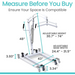 The image features a Vive Health Bariatric Hydraulic Patient Lift in white with black handles and gray wheels, suitable for caregiving. Text advises Measure Before You Buy. It has adjustable height (30.7-74), base width (24.4-31.5), length of 43, height of 3.93, and wheel diameter of 3.34.