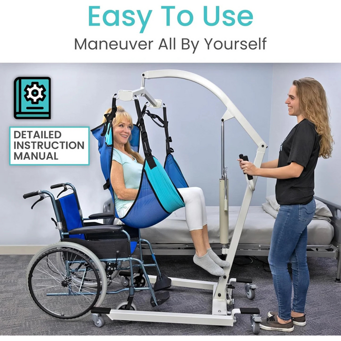 A woman sits in a blue sling hoist beside a wheelchair as another woman operates the Vive Health Bariatric Hydraulic Patient Lift. The image text reads Easy To Use - Maneuver All By Yourself, emphasizing effortless lifting with a Detailed Instruction Manual. A bed is visible in the background.