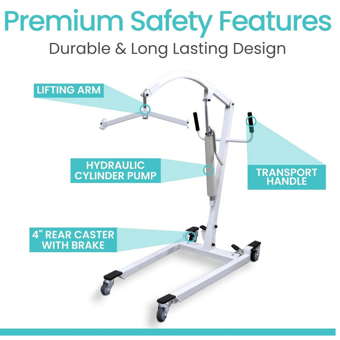 The Vive Health Bariatric Hydraulic Patient Lift in white includes a lifting arm, hydraulic cylinder pump, transport handle, and 4 rear caster with brake. It reads Caregiving Solution and Premium Safety Features, emphasizing its durable design for efficient patient transfer.