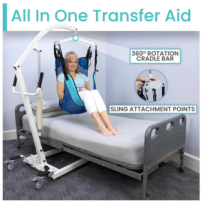 In a healthcare setting, a woman sits in a blue sling attached to the Vive Health Bariatric Hydraulic Patient Lift, which is essential for patient care and features a 360-degree rotation cradle bar and sling attachment points, above a hospital bed.