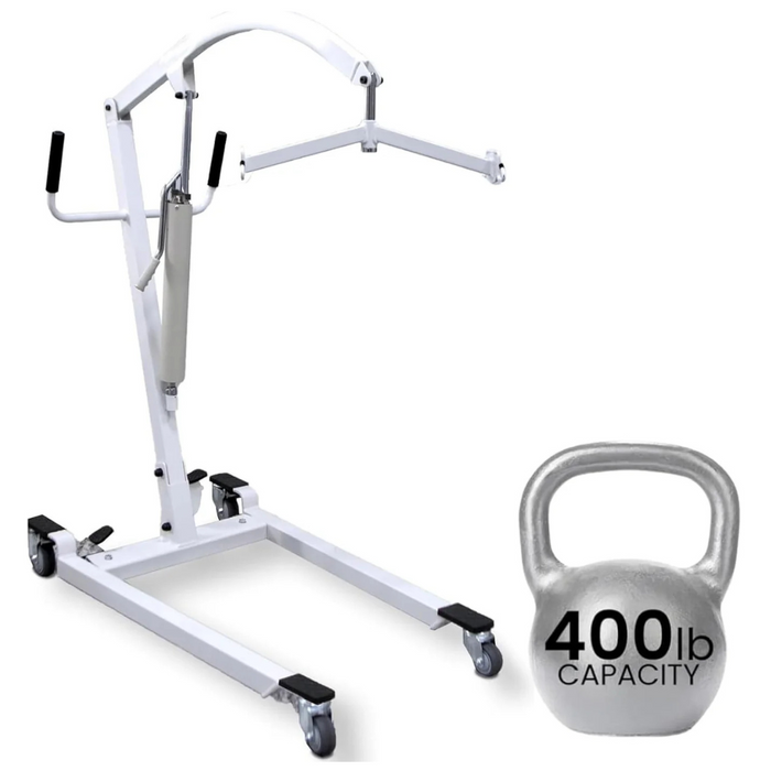 The Vive Health Bariatric Hydraulic Patient Lift, featuring wheels and a 400 lb capacity label on a plain background, offers an efficient caregiving solution.