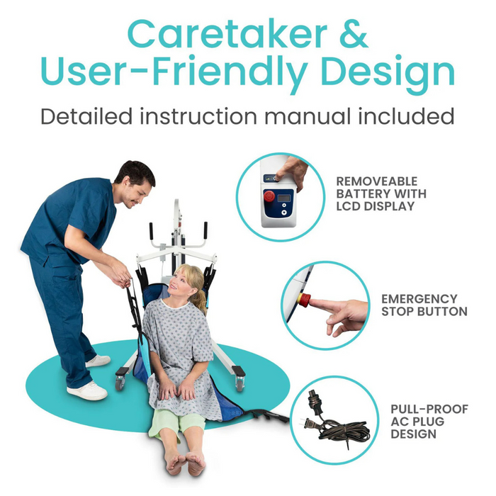 A healthcare worker in blue scrubs assists a seated elderly woman using the Vive Health Bariatric Electric Patient Lift. The text highlights its ergonomic design with advanced safety features: removable battery with LCD, emergency stop button, and a pull-proof AC plug.