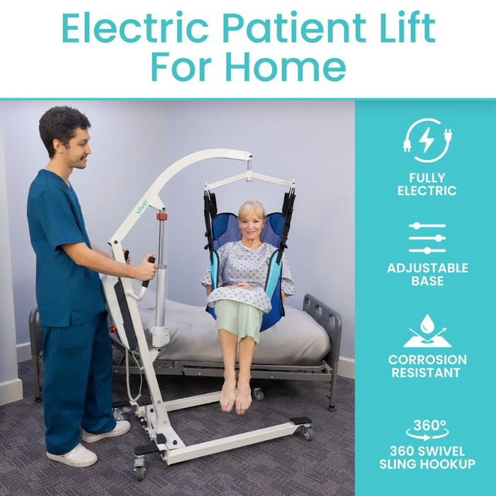 A caregiver in blue scrubs operates the Vive Health Bariatric Electric Patient Lift, assisting a seated elderly woman. The image showcases its fully electric, ergonomic design with an adjustable base, corrosion-resistant construction, and 360-degree swivel sling attachment feature.